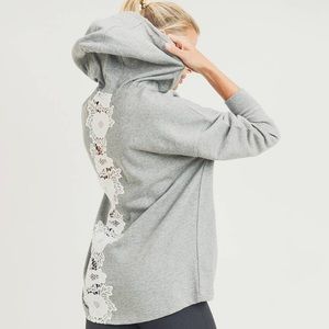 Hoodie Pullover with Split Back and Floral
Lace Patch